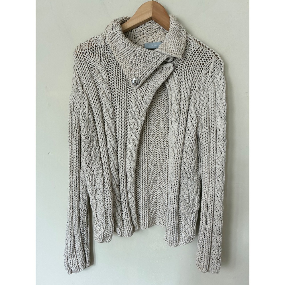 Farhi Nicole Farhi Cream Cable Knit Cardigan Asymmetrical Button Sweater Beige
